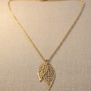 Delicate Gold Tone Double Filigree Leaf Pendant Necklace Long Chain
